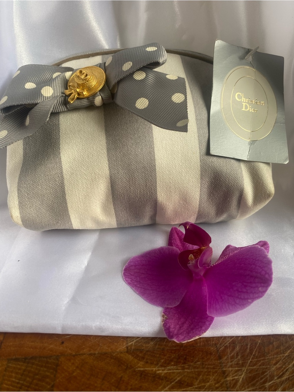 NWT Christian Dior Striped Cosmetic Pouch w/ Bow & Gold Button Accent